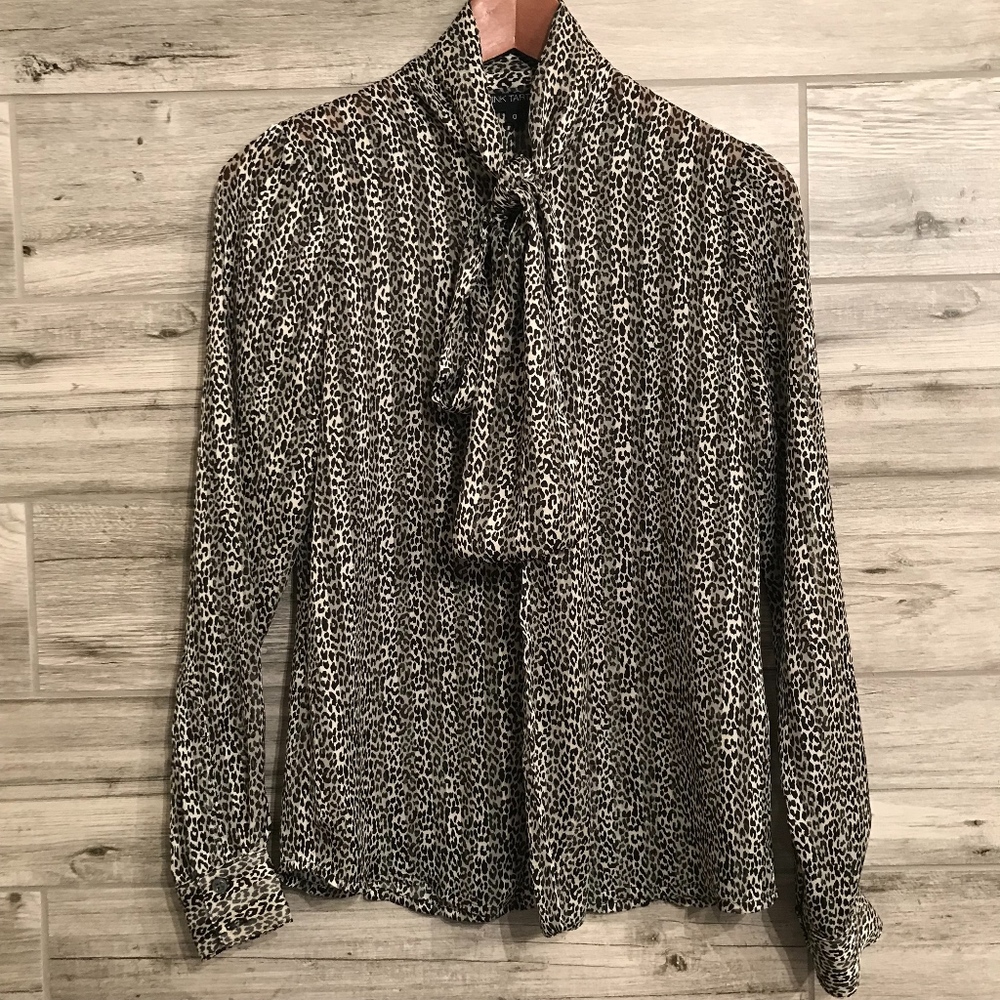 Pink Tartan Leopard Print Tie Neck Blouse Sz 0 XS
